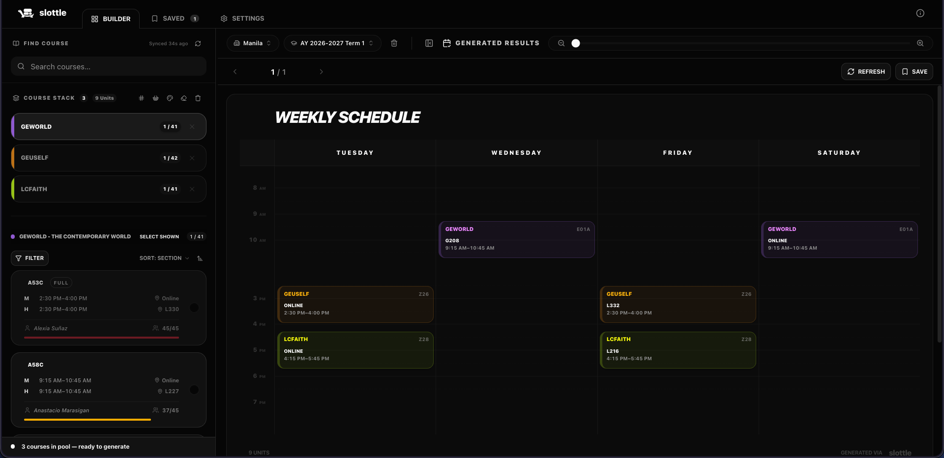 Slottle's builder view showing a generated conflict-free weekly schedule from a DLSU course list