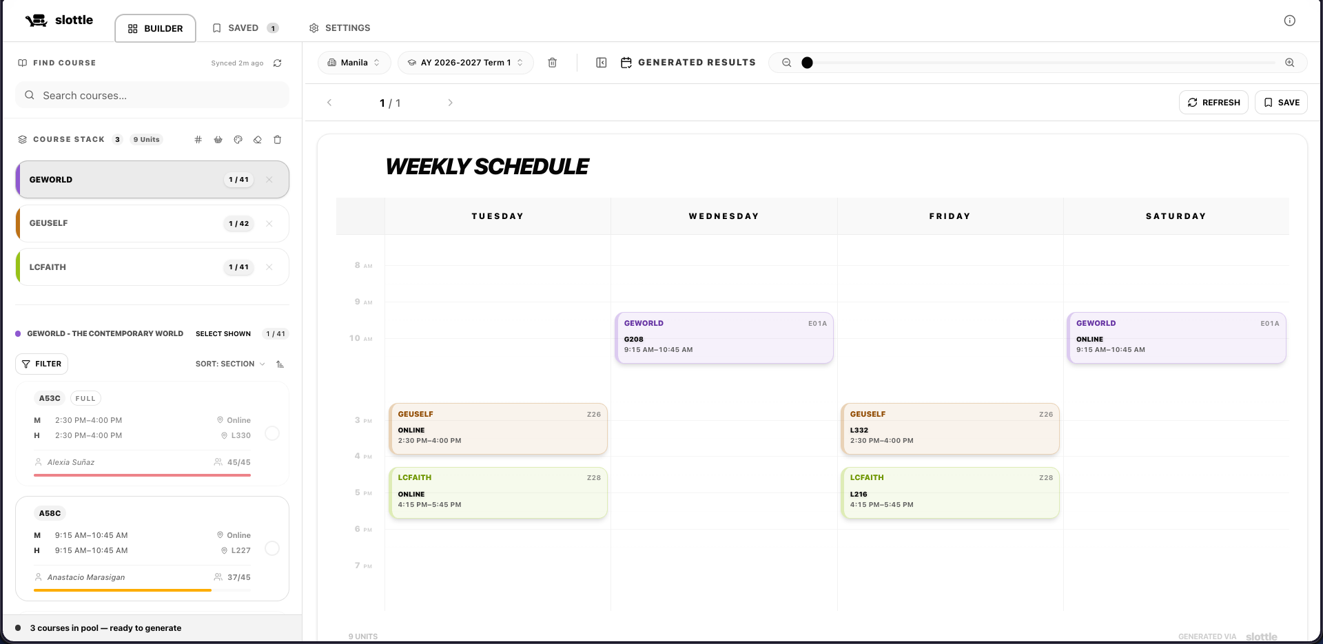 Slottle's builder view showing a generated conflict-free weekly schedule from a DLSU course list